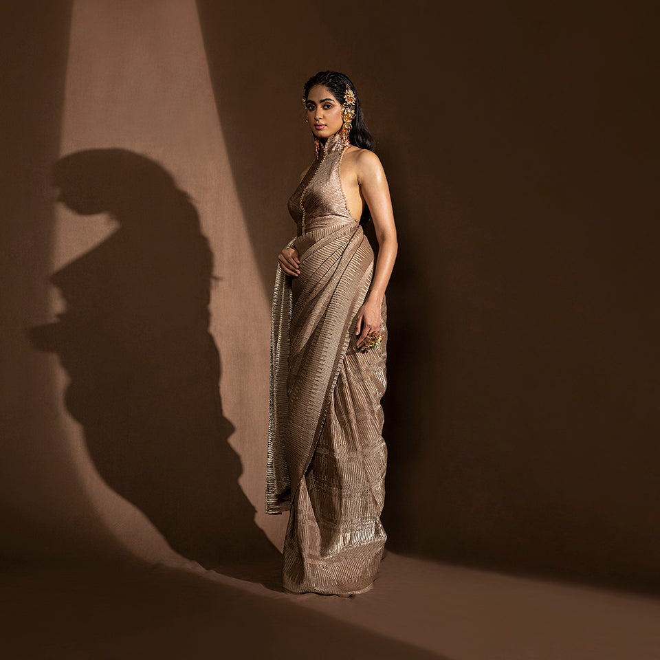 balmain couture dress, golden dress, party dress, earrings, Abhishek Sharma clothing brand, Abhishek Sharma designer, couture brand, couture jewellery