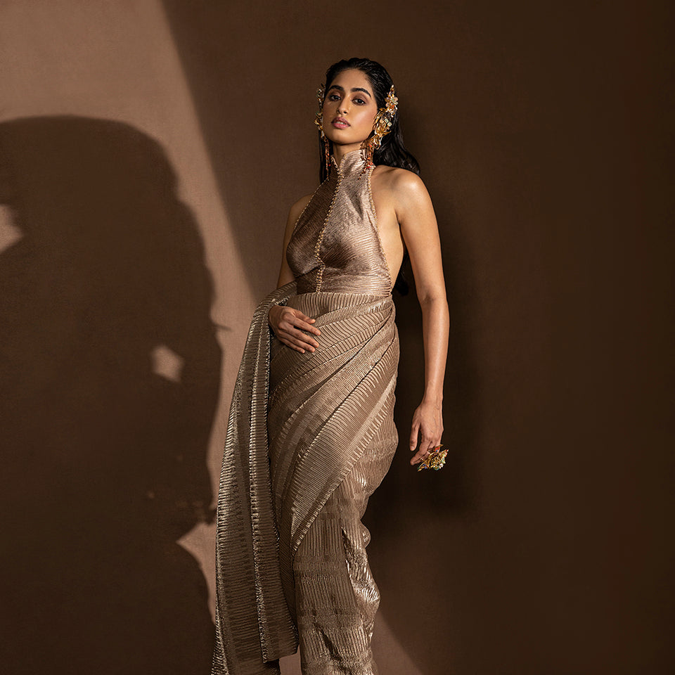 balmain couture dress, golden dress, party dress, earrings, Abhishek Sharma clothing brand, Abhishek Sharma designer, couture brand, couture jewellery