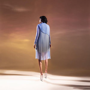 Layered chiffon tunic with cowl drape detailing around the neck. its a flowy top that can be worn as a dress or can be teamed up with fitted pants. Abhishek sharma, Abhishekstudio. 
