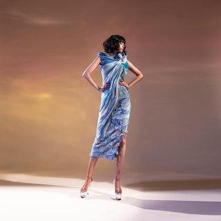 Exaggerated shoulder asymmetric top and embellished skirt. abhishekstudio, abhisheksharma 
