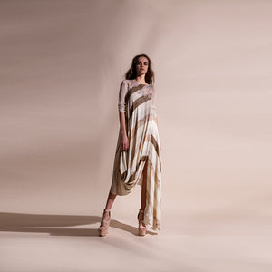 Stripe batik print cowl draped dress with placement embroidery in fine thread and bugle beads. The style is very versatile and can work for day and evening both. Shear chiffon sleeves and fluid drape add elegance and femininity to the style.  abhishek sharma, abhishekstudio