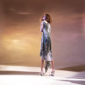Impressionist printed pleated textured raised neck asymmetrical draped dress. The dress has a very elegant and modern feel. It’s a very simple look yet creates a bold impression.   Styling: keep it simple and chick. Pair it up with elegant heels or you can team it up with sneakers to give it a very upbeat sporty look. Abhishekstudio, Abhishek Sharma 
