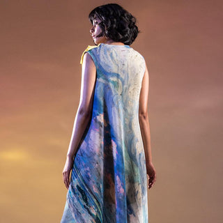 Impressionist printed pleated textured front overlap asymmetrical draped dress having draped satin detailing. The dress has a fun and modern feel. It’s a very edgy and elegant style. The dress is perfect for an event high tea or a dinner where you want to turn the heads yet keeping it simple. Abhishekstudio, Abhishek Sharma 