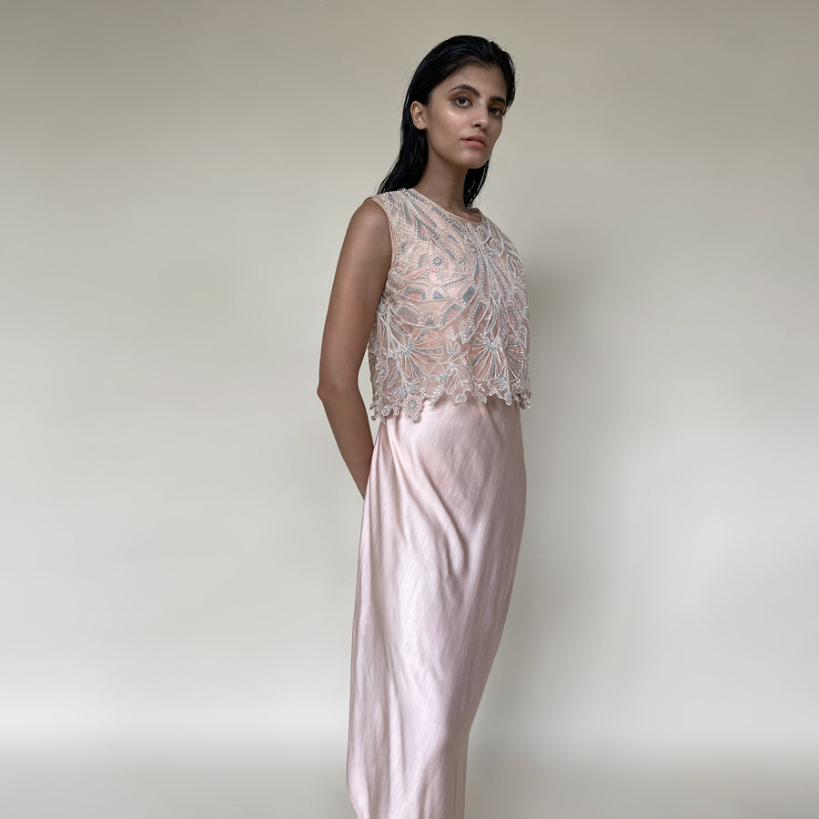 Shear organza crop top with satin draped dress. Top is embellished with intricate sequin/pearl embroidery and bugle beads in forest motifs. abhisheksharma, abhishekstudio