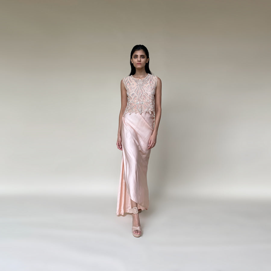 Shear organza crop top with satin draped dress. Top is embellished with intricate sequin/pearl embroidery and bugle beads in forest motifs. abhisheksharma, abhishekstudio
