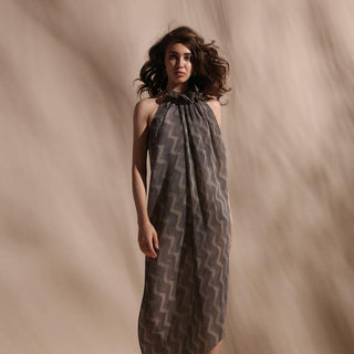 Chevron print pleated textured halter draped dress with ruffled neck. It is perfect for a small gathering or a pool side dinner. The dress has a very young vibe.  abhishek sharma, abhishekstudio