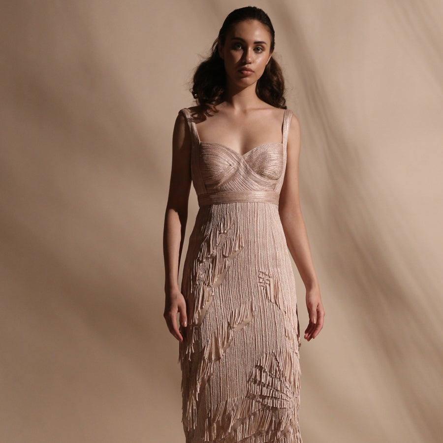 Yarn Textured Calf Length Dress With Fringe Detailing.