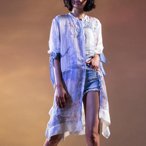  Impressionist print panelled linen shirt with chiffon tie-up sleeves. The shirt is a very elegant and comfortable style.   Styling: The shirt dress can be styled in various ways depending on the feel and mood of the day. you can wear it as a dress or even as a long tunic. It can also be styled with fitted pants or denim.  Abhishek sharma, abhishekstudio.