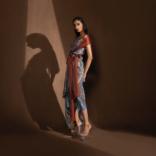 Women's asymmetrical printed midi dress with rust draped sash and shoulder wrap – high-fashion tunic for summer occasions
