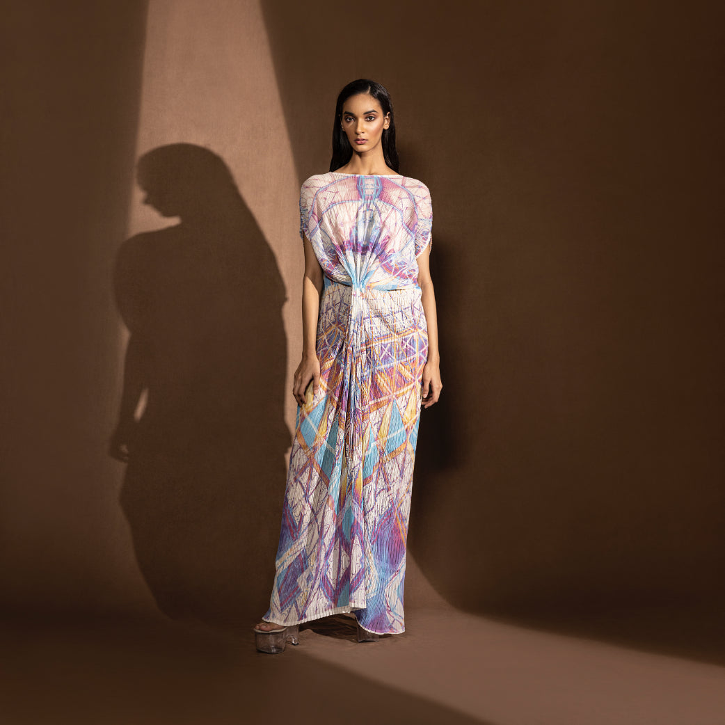Boat neck draped long dress – minimal flowy gown with classic neckline, printed tunic, dress.