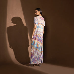 Women's abstract print maxi dress with soft pleats and back drape – lightweight printed tunic for day outings or resort escapes