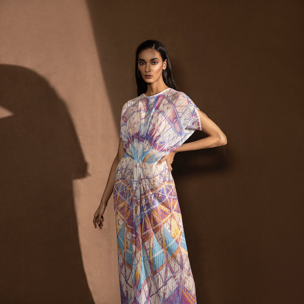 Women's multicolor abstract print long dress with boat neckline and central drape – flowy tunic silhouette for resort or day events