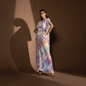 Women's multicolor flowy maxi dress with abstract print and soft boat neckline – breezy printed tunic for resort or sundowner events