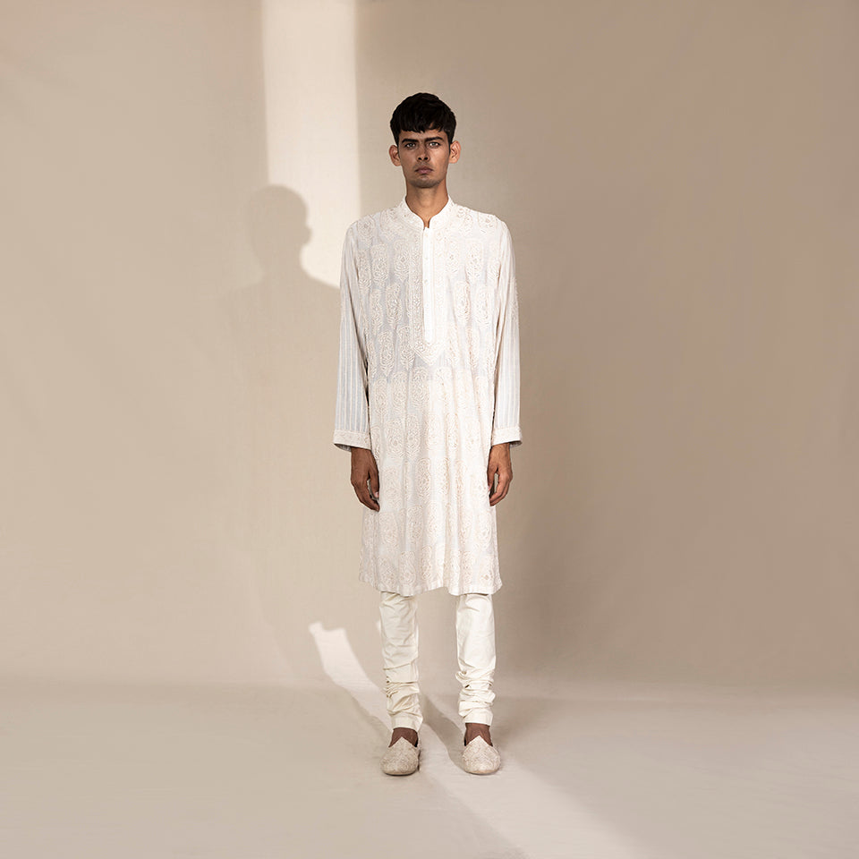 front view of Men's ivory Chikankari kurta with front placket and striped full sleeves – elegant traditional festivewear