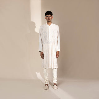 front view of Men's ivory Chikankari kurta with front placket and striped full sleeves – elegant traditional festivewear