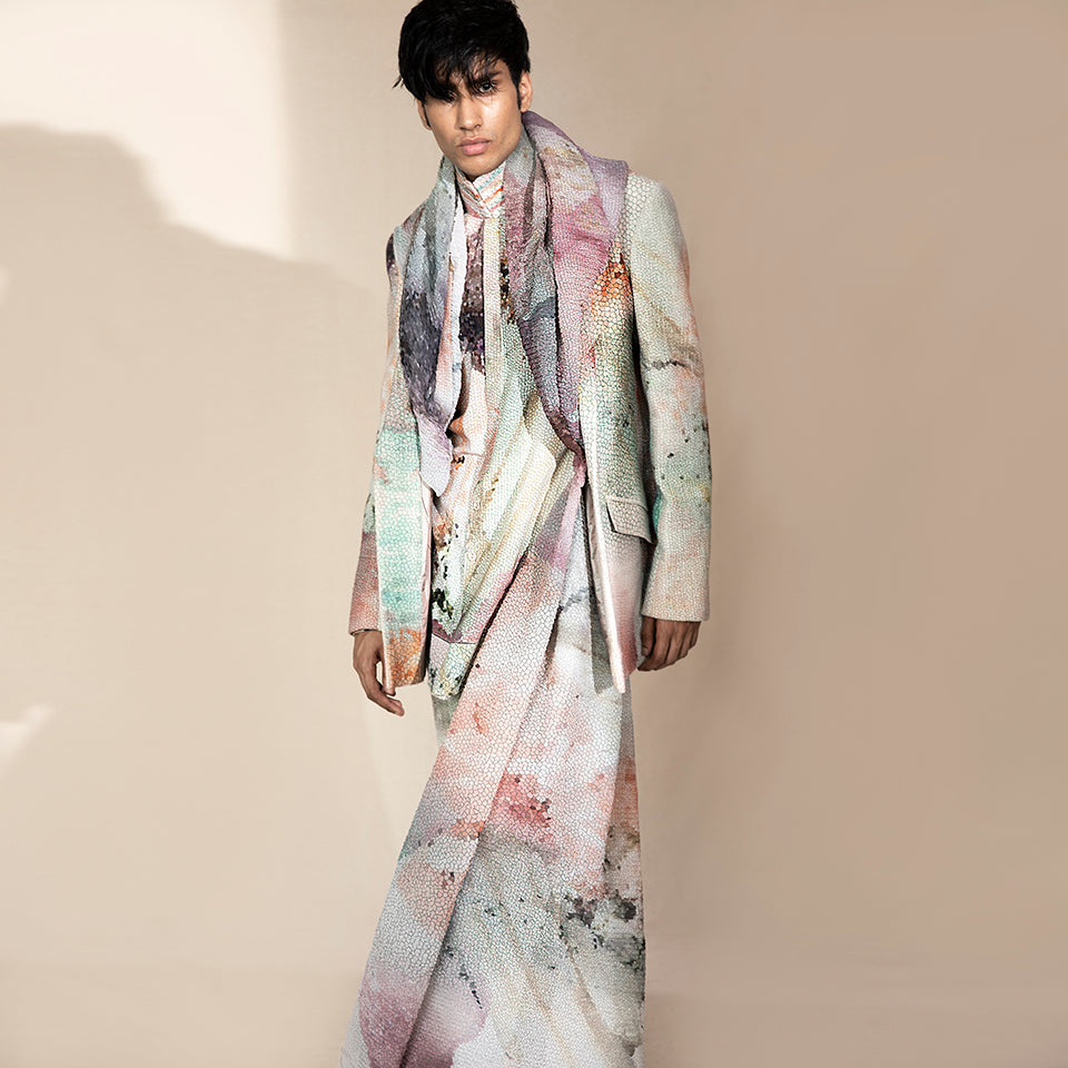 Crystalline print shawl collar single-button jacket – luxe printed menswear, carnival suit, Runway look