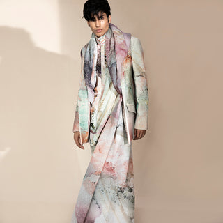 Crystalline print shawl collar single-button jacket – luxe printed menswear, carnival suit, Runway look