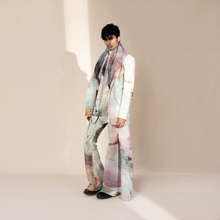 Men's crystalline abstract print shawl collar jacket with matching wide-leg trousers – luxe printed suit, contemporary runway fashion