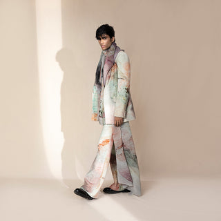 Men's abstract crystal-print wide-leg suit with draped scarf and shawl collar jacket – contemporary runway ensemble, printed couture menswear