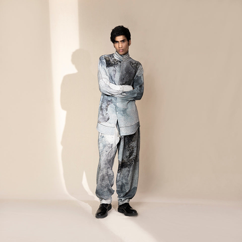 Men's full crystalline print coord set with high-neck shirt and relaxed trousers – modern artistic silhouette for statement menswea