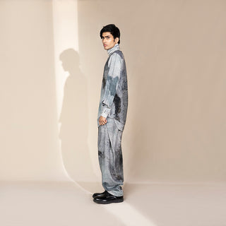 profile shot of Men's side-profile crystalline print coord set with high-neck shirt and straight-fit trousers – bold modern menswear statement