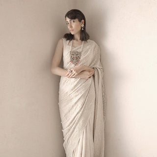 Delicately embroidered fine chikankari saree – timeless handcrafted elegance, pre pleated draped saree, red carpet couture saree