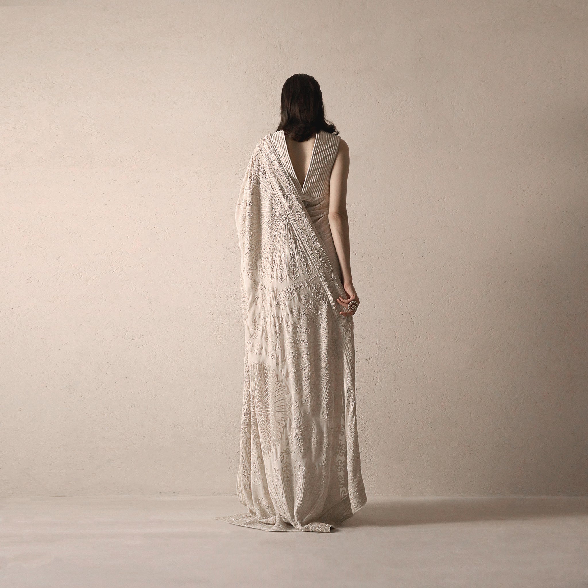 full body back view of Women's pre-pleated chikankari saree with intricate embroidery and V-back striped blouse – handcrafted couture for elegant occasions