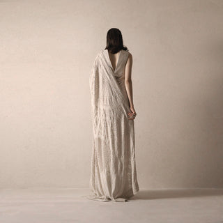 full body back view of Women's pre-pleated chikankari saree with intricate embroidery and V-back striped blouse – handcrafted couture for elegant occasions
