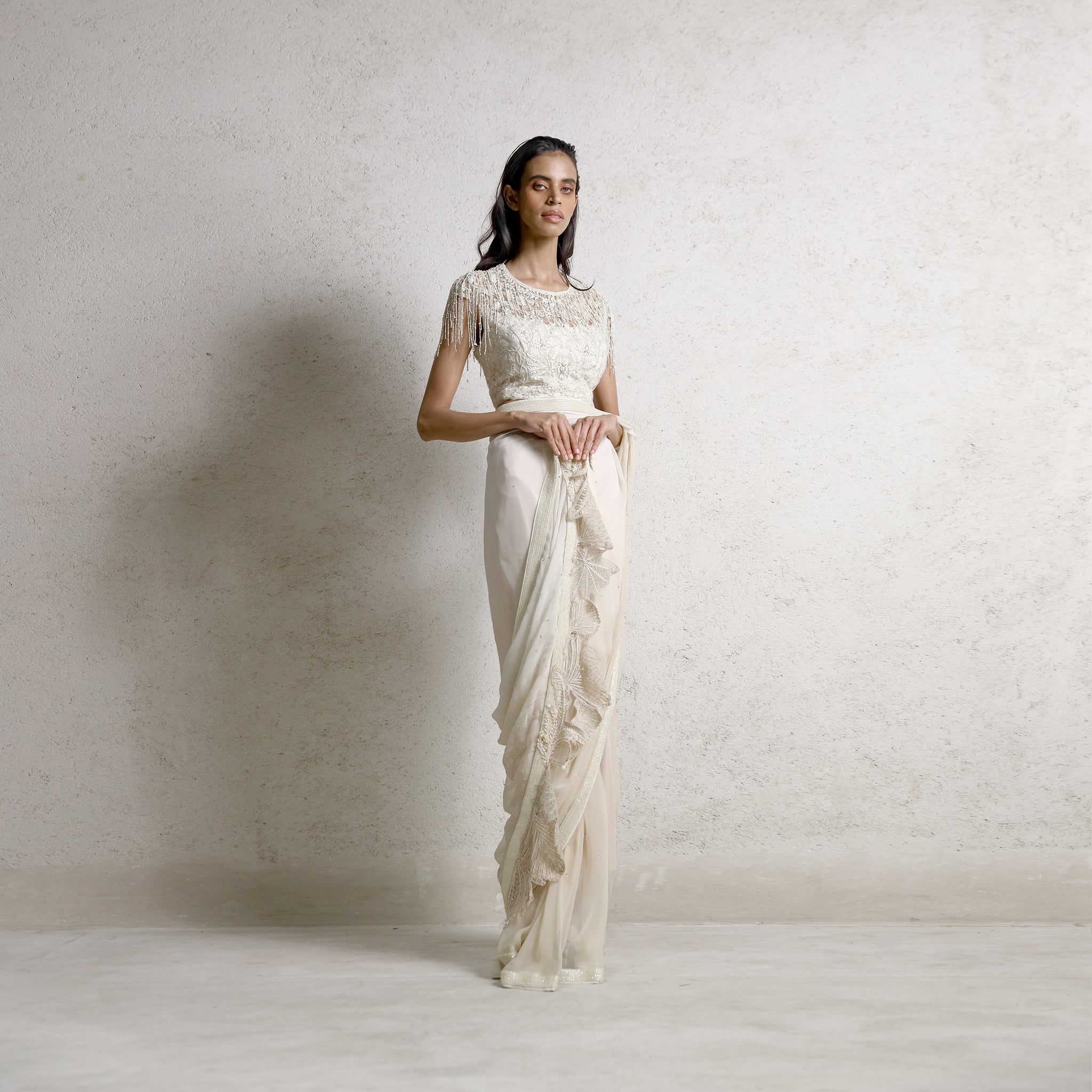 Shaded saree with delicately embellished blouse – elegant and detailed styling, bold luxury look, pre-pleated draped saree