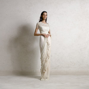 Shaded saree with delicately embellished blouse – elegant and detailed styling, bold luxury look, pre-pleated draped saree