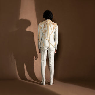 back view of Men's jacket with back cord embroidery and structured fit – contemporary cocktail suit for formal events, youngster statement look