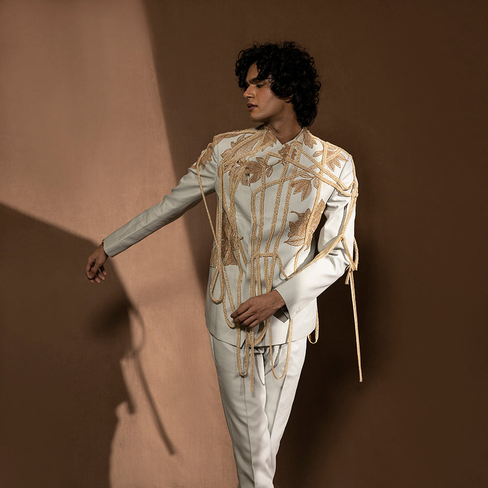 front shot of Men's double-breasted jacket with grown-on collar and 3D cord embroidery – modern structured cocktail suit, youngster formalwear