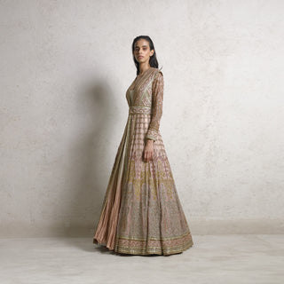 full side view of Women's rose gold embellished floor-length jacket with full sleeves and metallic detailing – opulent flared silhouette for wedding receptions
