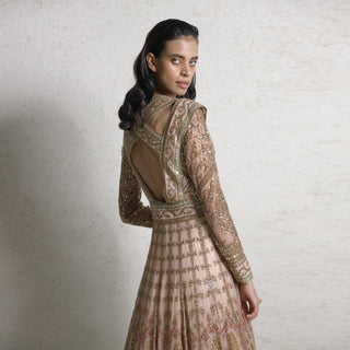 upper back view of Women's jacket with criss-cross sheer back and sequin embroidery – full sleeve designer couture for upscale receptions