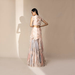 back view of Women's embroidered pastel co-ord set with criss-cross back blouse and sheer leaf motif skirt – criss-cross blouse