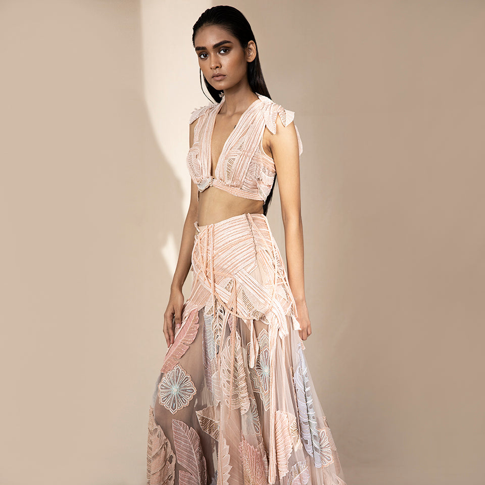 Women's blush embroidered crop blouse with sheer leaf motif skirt – elegant designer sangeet set with pastel threadwork