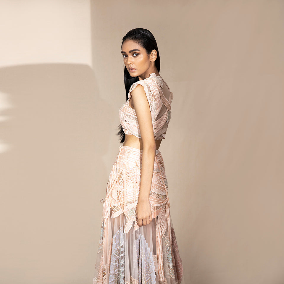 rear view of Women's pastel embroidered crop set with cap-sleeve blouse and sheer leaf skirt – designer festive co-ord perfect for sangeet