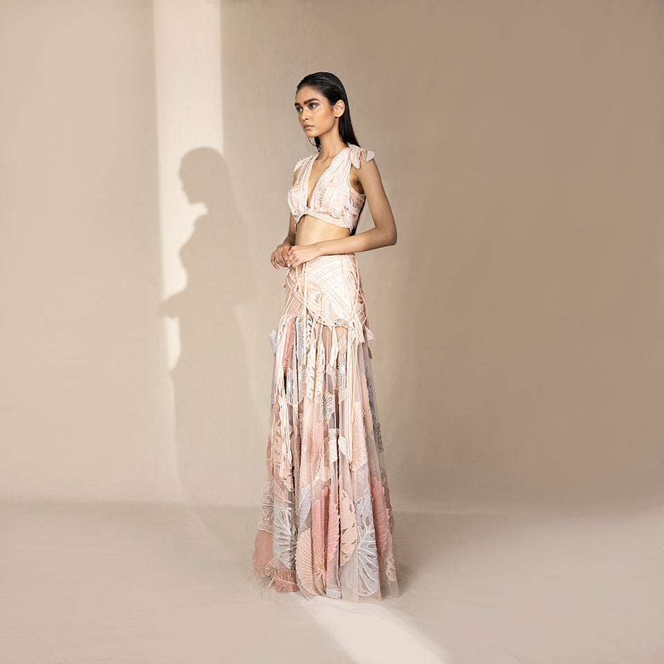 Women's pastel embroidered blouse with flared motif skirt – designer co-ord set ideal for sangeet and festive celebrations