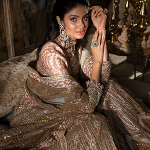 Women's royal bridal lehenga with intricate vintage embroidery and zari dupatta – timeless handcrafted bridal ensemble