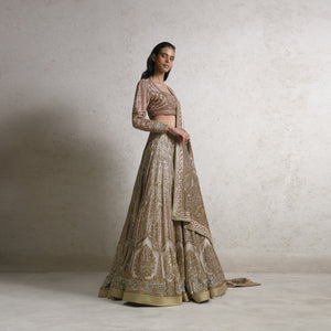 full length of Women's bridal lehenga with long sleeve blouse and antique zari border – regal vintage-inspired ensemble for weddings, bridal wear