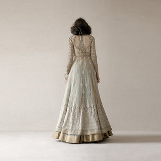 back view of Women's flared long jacket with sheer back and intricate embroidery – gold hem ethnic wear for sangeet or receptions, embroidered jacket
