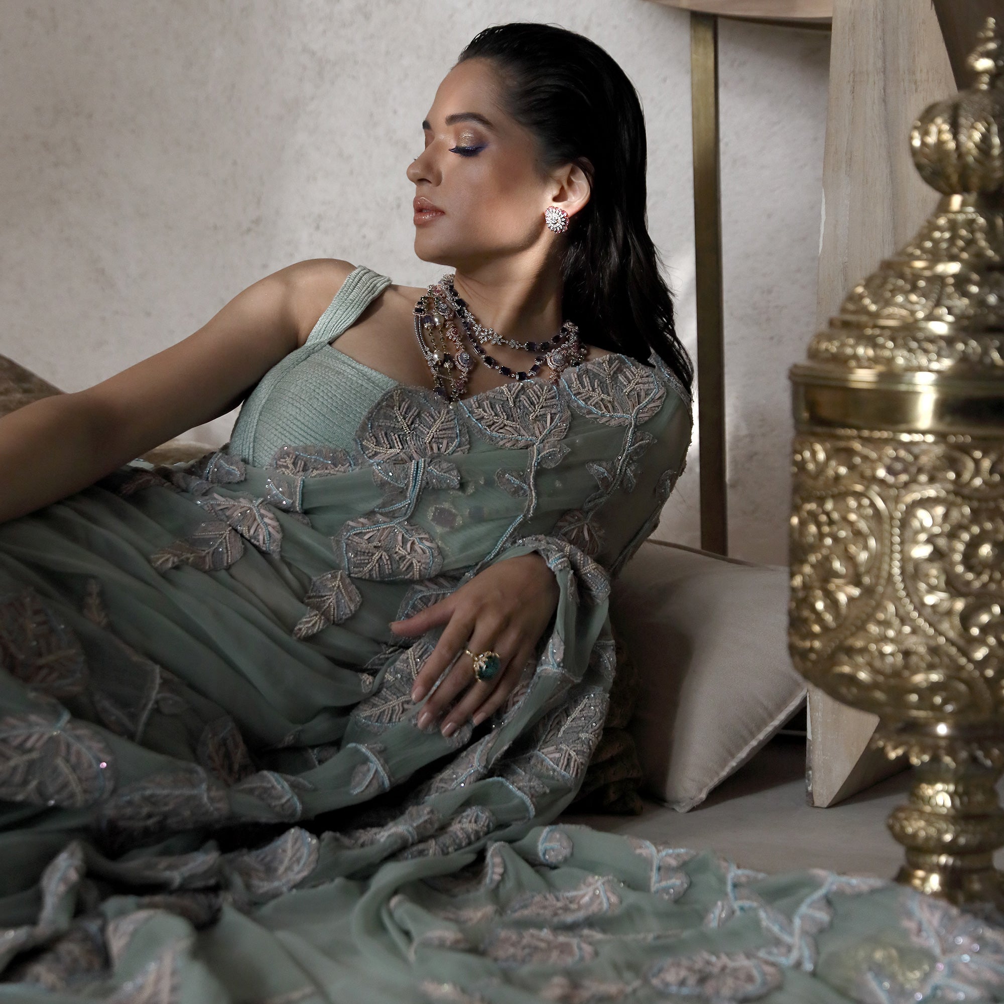 Embellished saree paired with textured blouse – refined modern ethnic wear, pre pleated draped saree