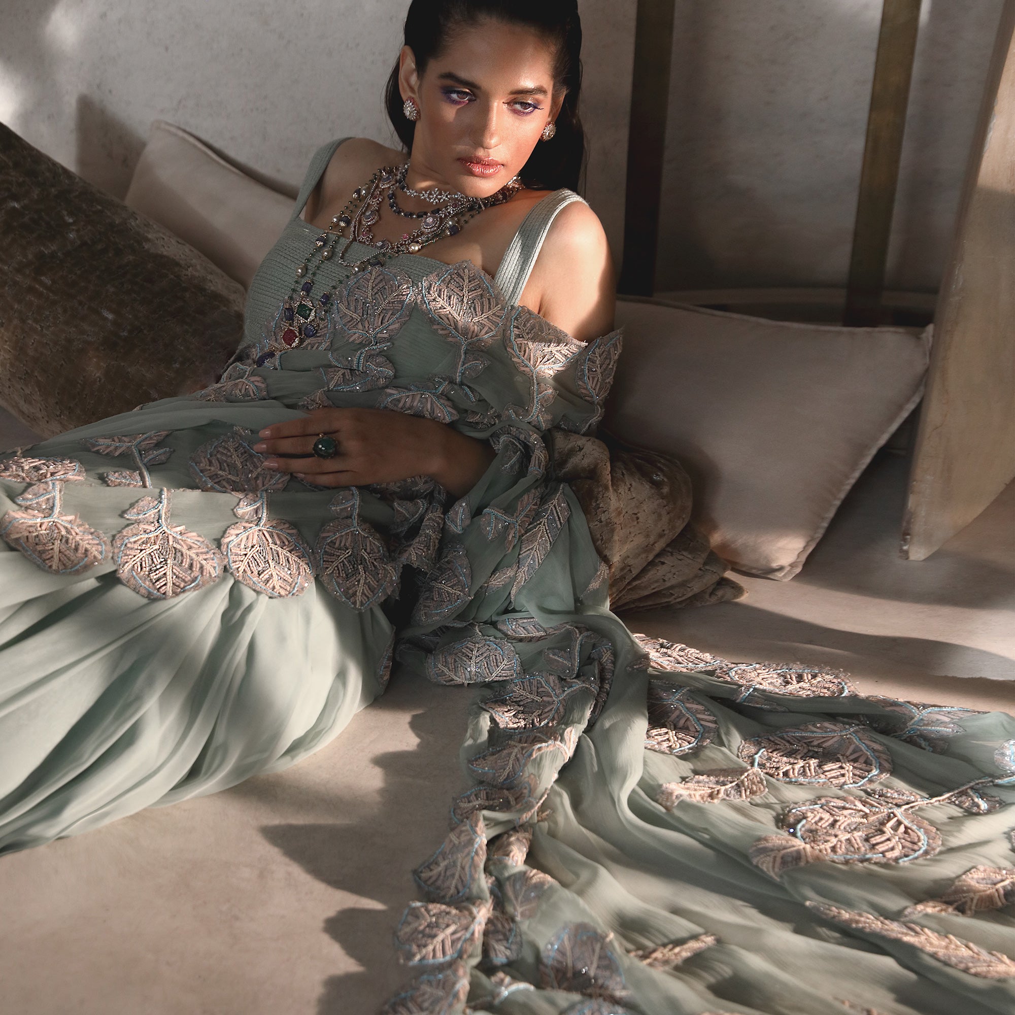  Women's pre-draped saree with leaf motif embellishments and textured blouse – refined modern ethnic evening wear