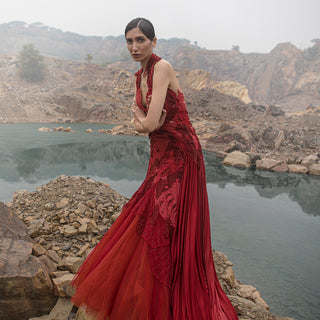 Embroidered draped gown with satin trail – couture silhouette with intricate details, reception gown