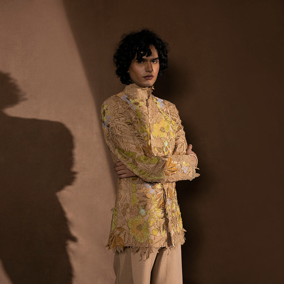 Filigree Craft Bandgala Jacket with textured flared pants. – Abhishek ...