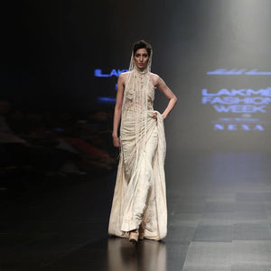 Fine chikankari saree with embroidered draped blouse – contemporary twist on classic, pre pleated draped saree, reception look