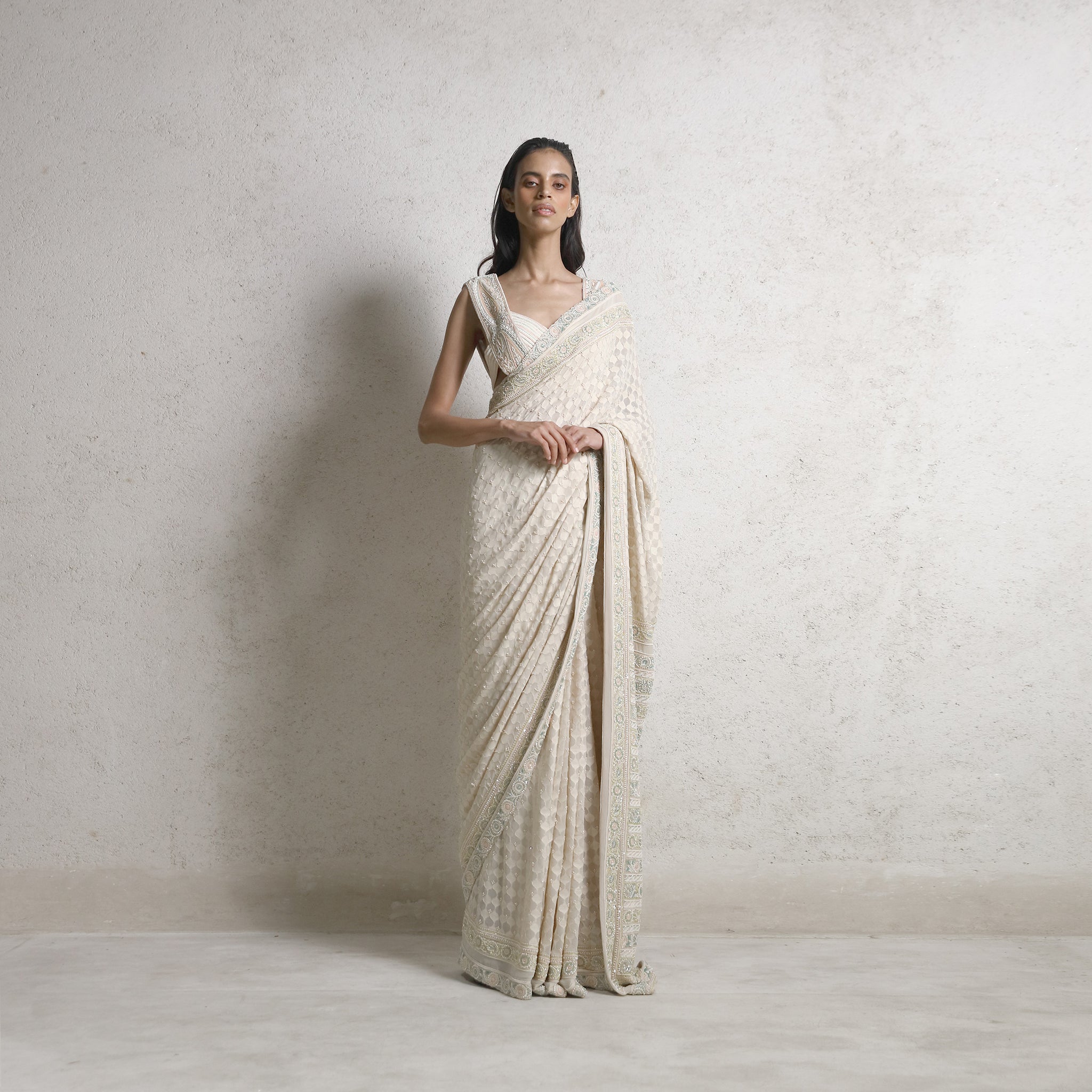 Fine jharokha shadow work chikankari saree – artisanal hand-embroidered detailing, red carpet couture saree