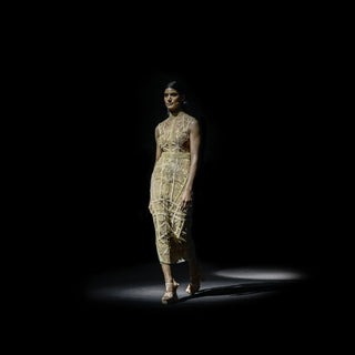 runway shot of Women's gold calf-length fitted dress with geometric embroidery – sleek cocktail silhouette, youngster party look