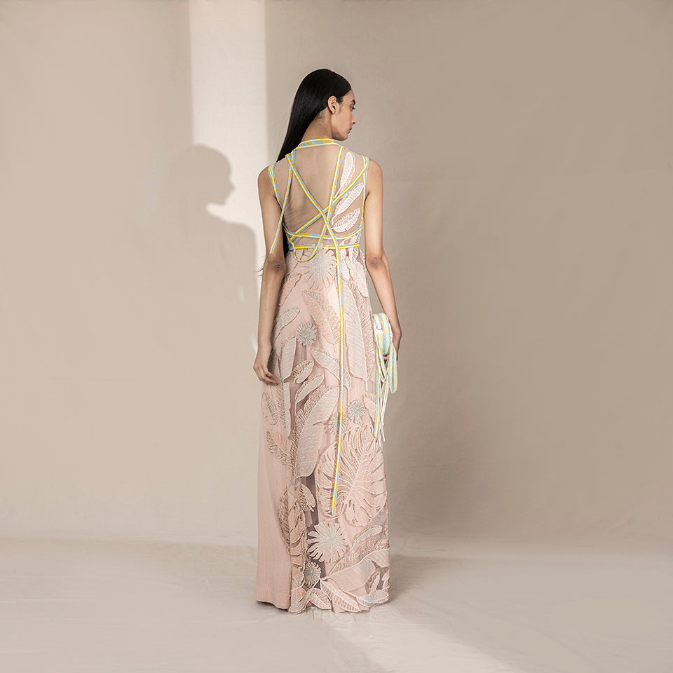 back view of Women's blush pink sheer embroidered jacket with neon strappy back and leaf motifs – statement overlay for modern party styling