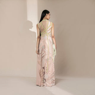 back view of Women's blush pink sheer embroidered jacket with neon strappy back and leaf motifs – statement overlay for modern party styling